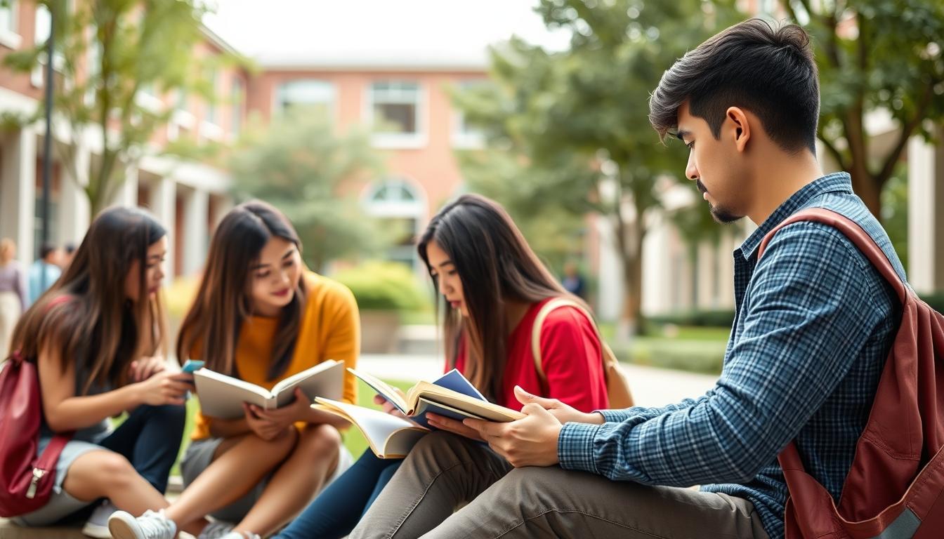 Students studying together in modern classroom